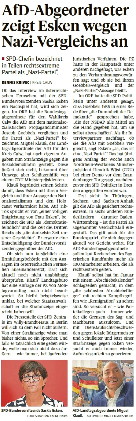 You are currently viewing AfD-Abgeordneter zeigt Esken wegen Nazi-Vergleichs an